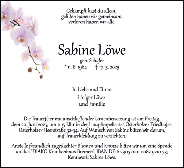 Traueranzeige von Sabine Löwe von WESER-KURIER