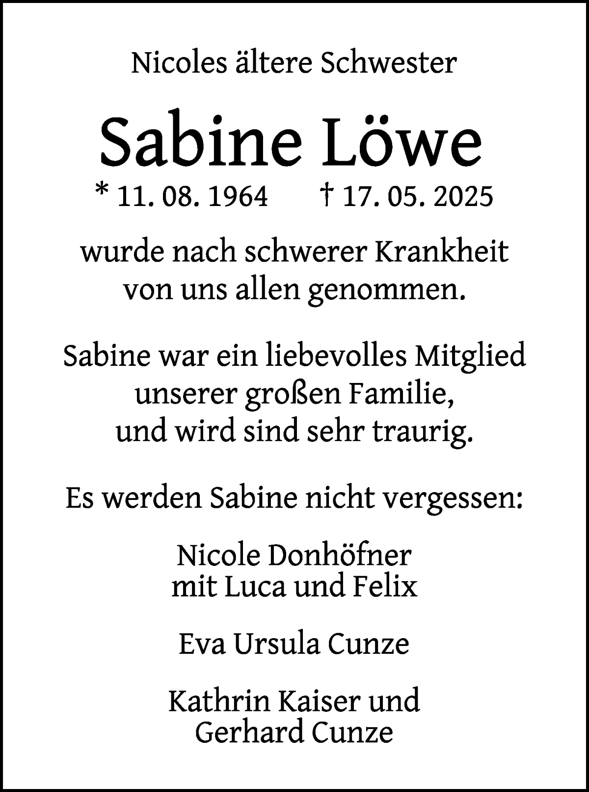 Traueranzeige von Sabine Löwe von WESER-KURIER