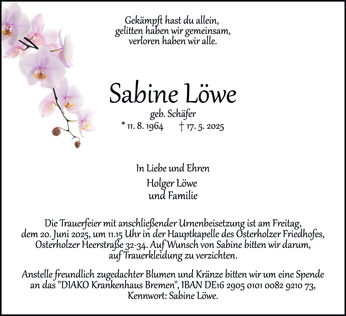Traueranzeige von Sabine Löwe von WESER-KURIER