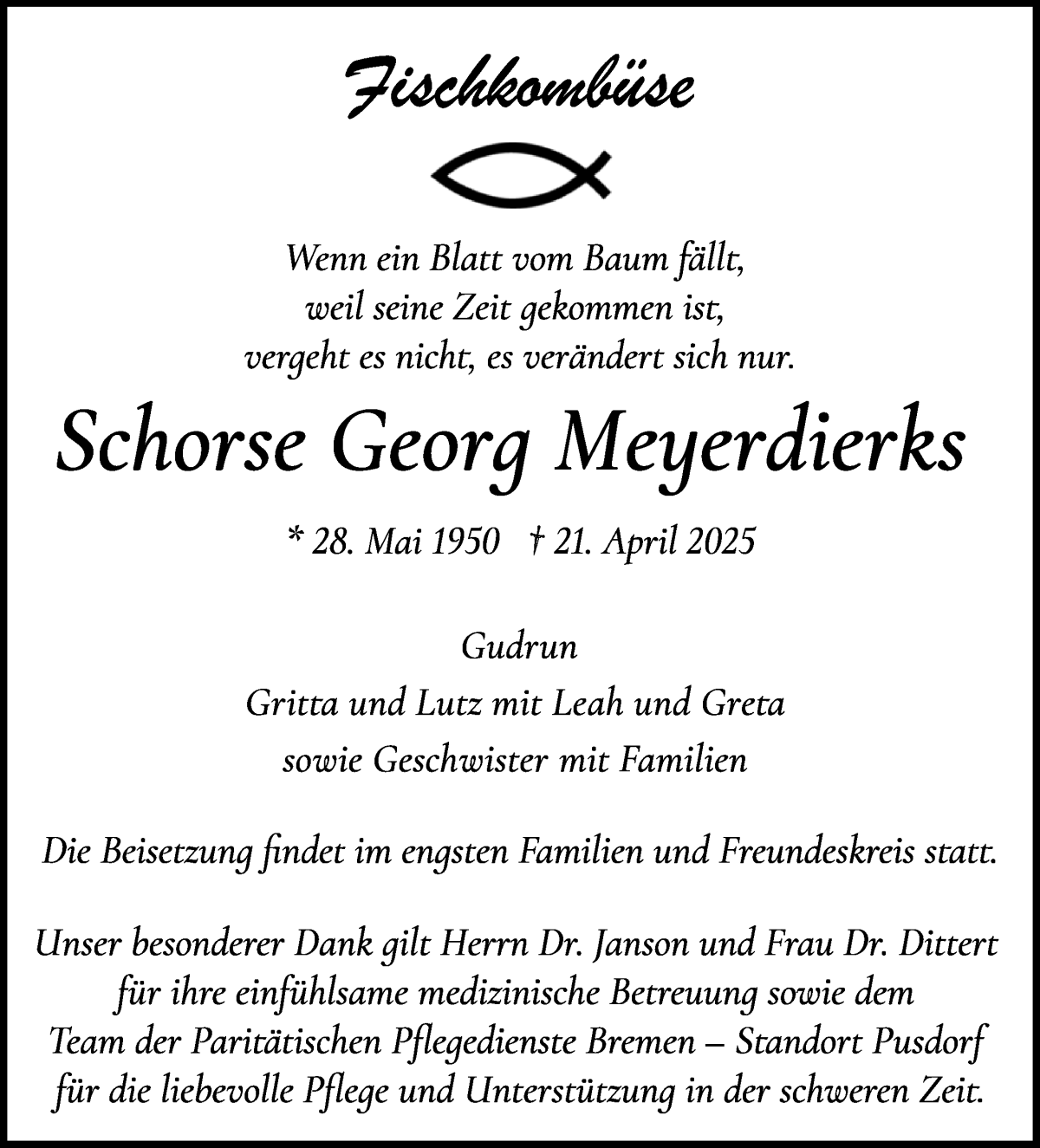 Traueranzeige von Schorse Georg Meyerdierks von WESER-KURIER