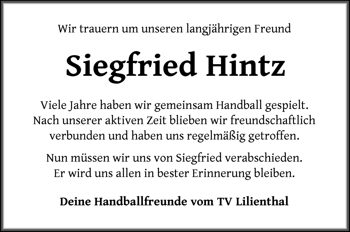 Traueranzeige von Siegfried Hintz von Wuemme Zeitung
