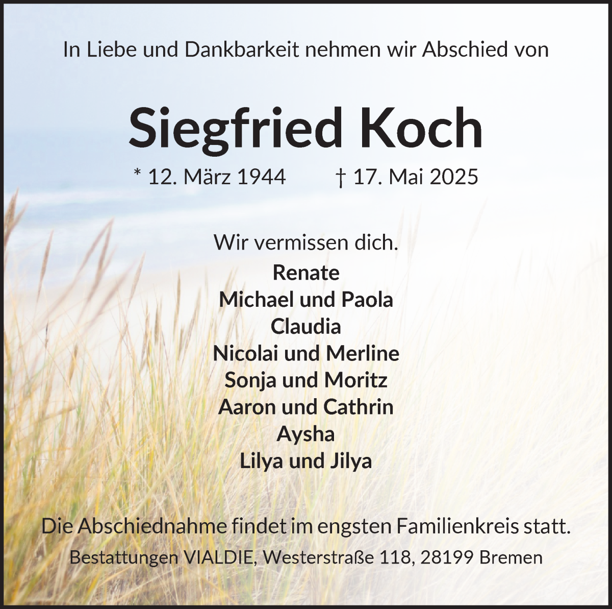 Traueranzeige von Siegfried Koch von WESER-KURIER