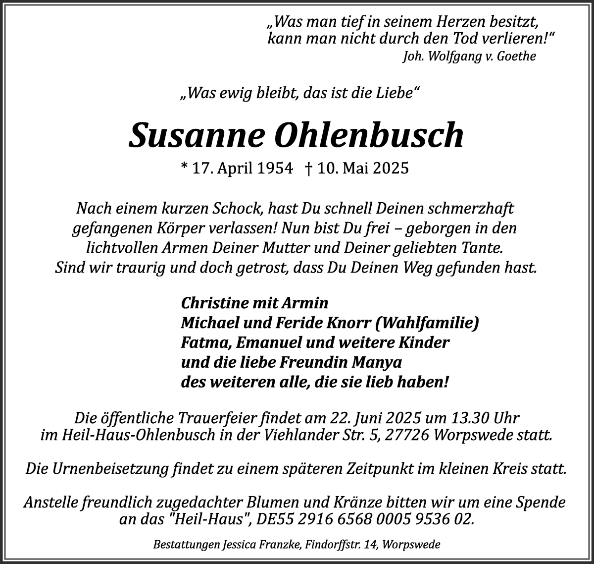 Traueranzeige von Susanne Ohlenbusch von Osterholzer Kreisblatt