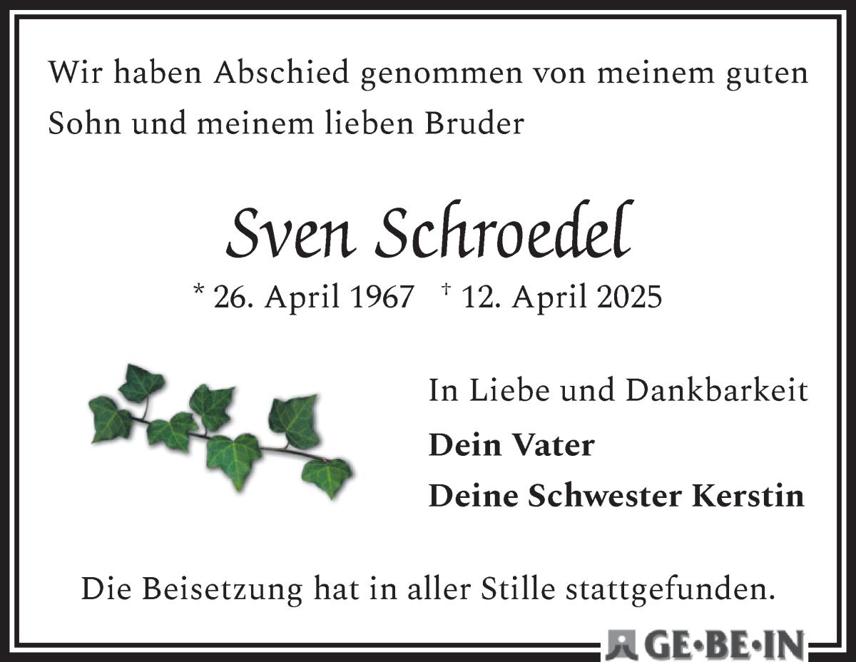 Traueranzeige von Sven Schroedel von WESER-KURIER