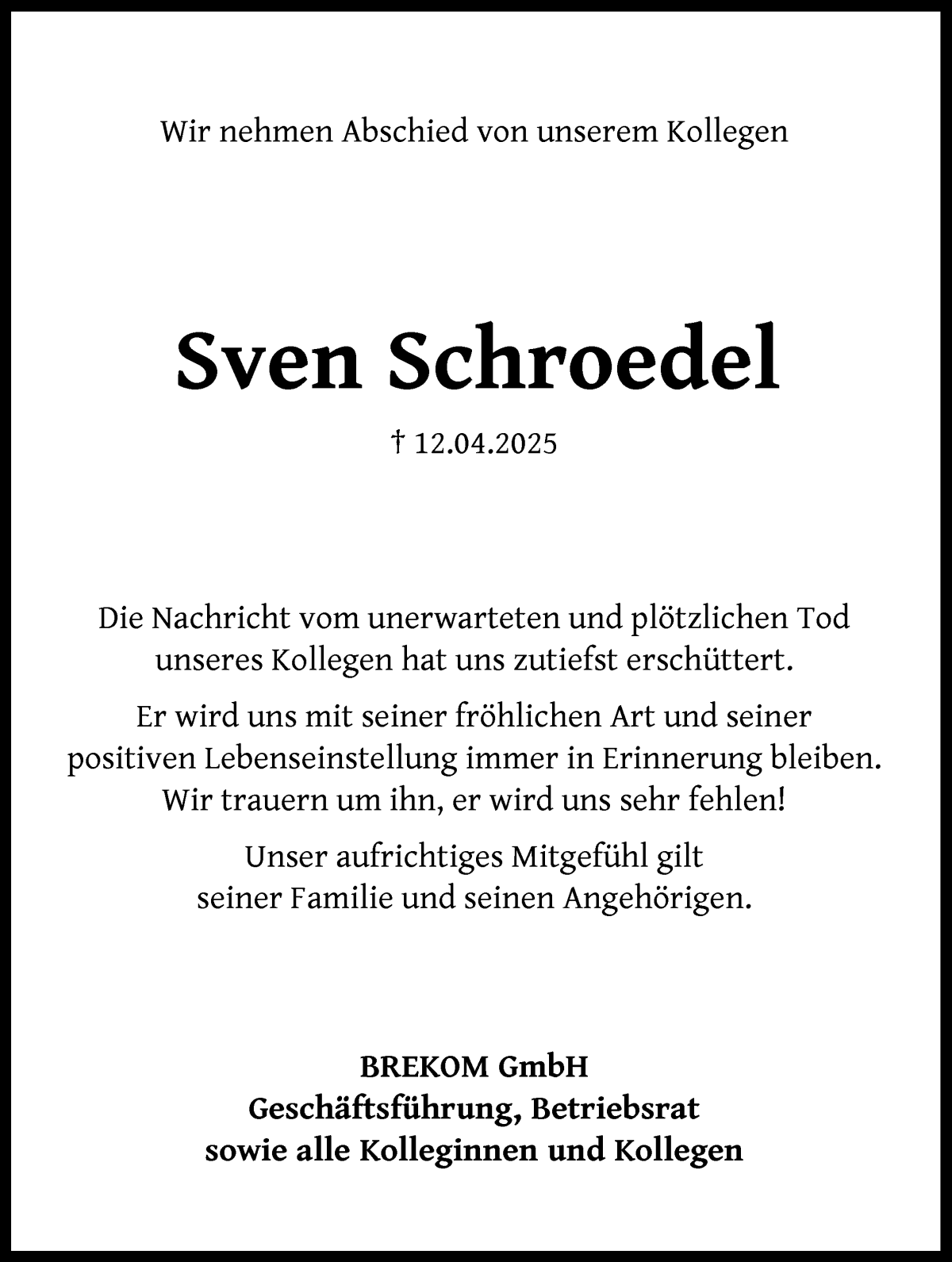Traueranzeige von Sven Schroedel von WESER-KURIER