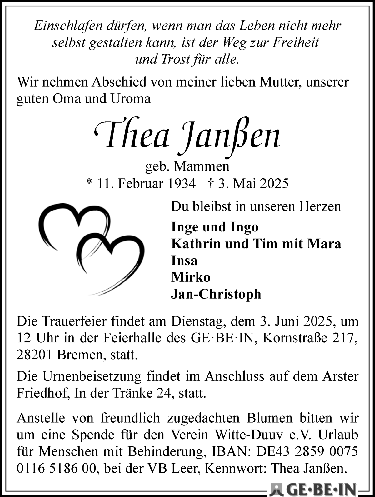 Traueranzeige von Thea Janßen von WESER-KURIER