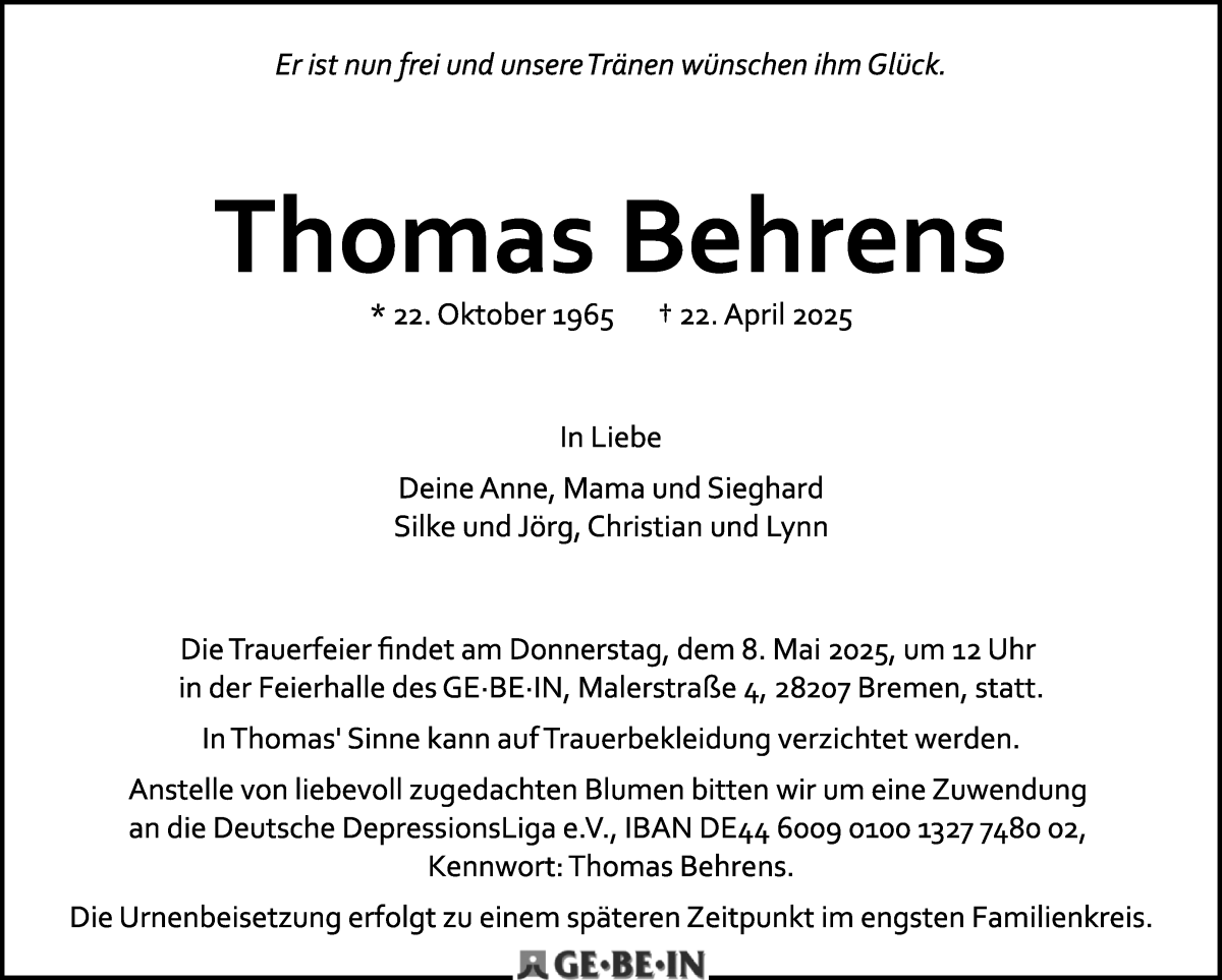 Traueranzeige von Thomas Behrens von WESER-KURIER