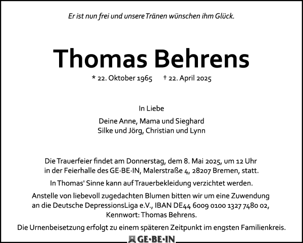 Traueranzeige von Thomas Behrens von WESER-KURIER