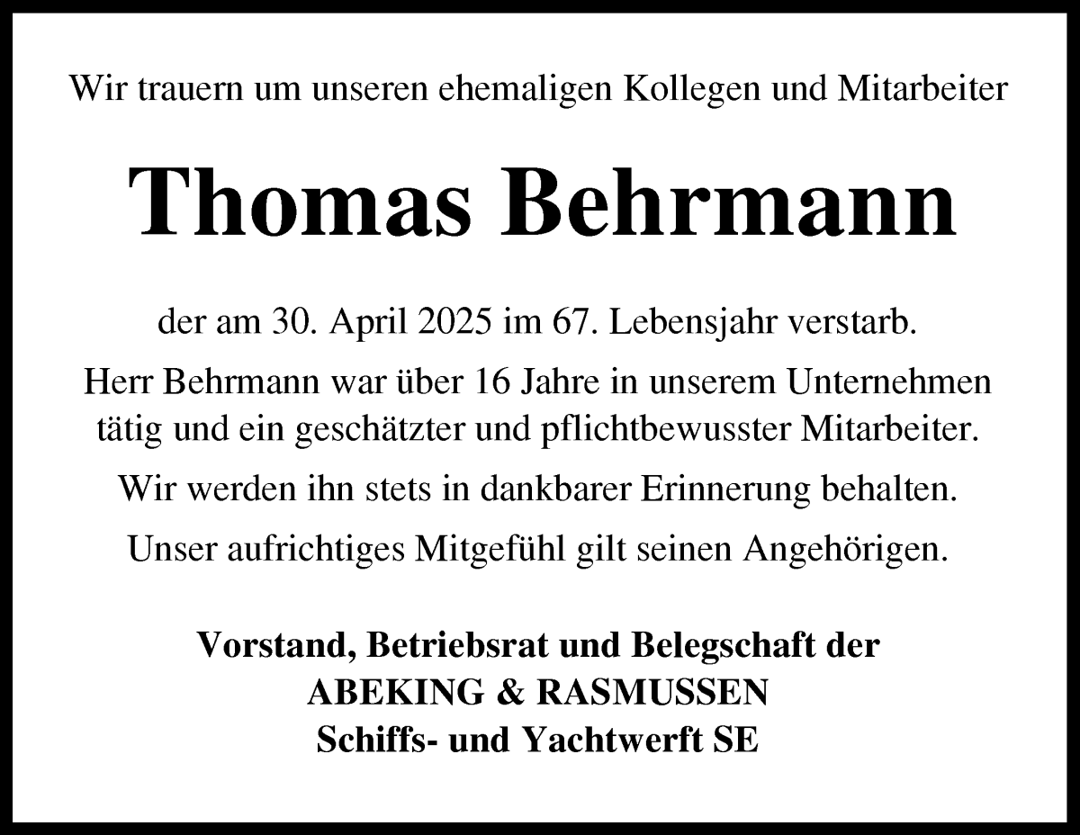 Traueranzeige von Thomas Behrmann von Die Norddeutsche