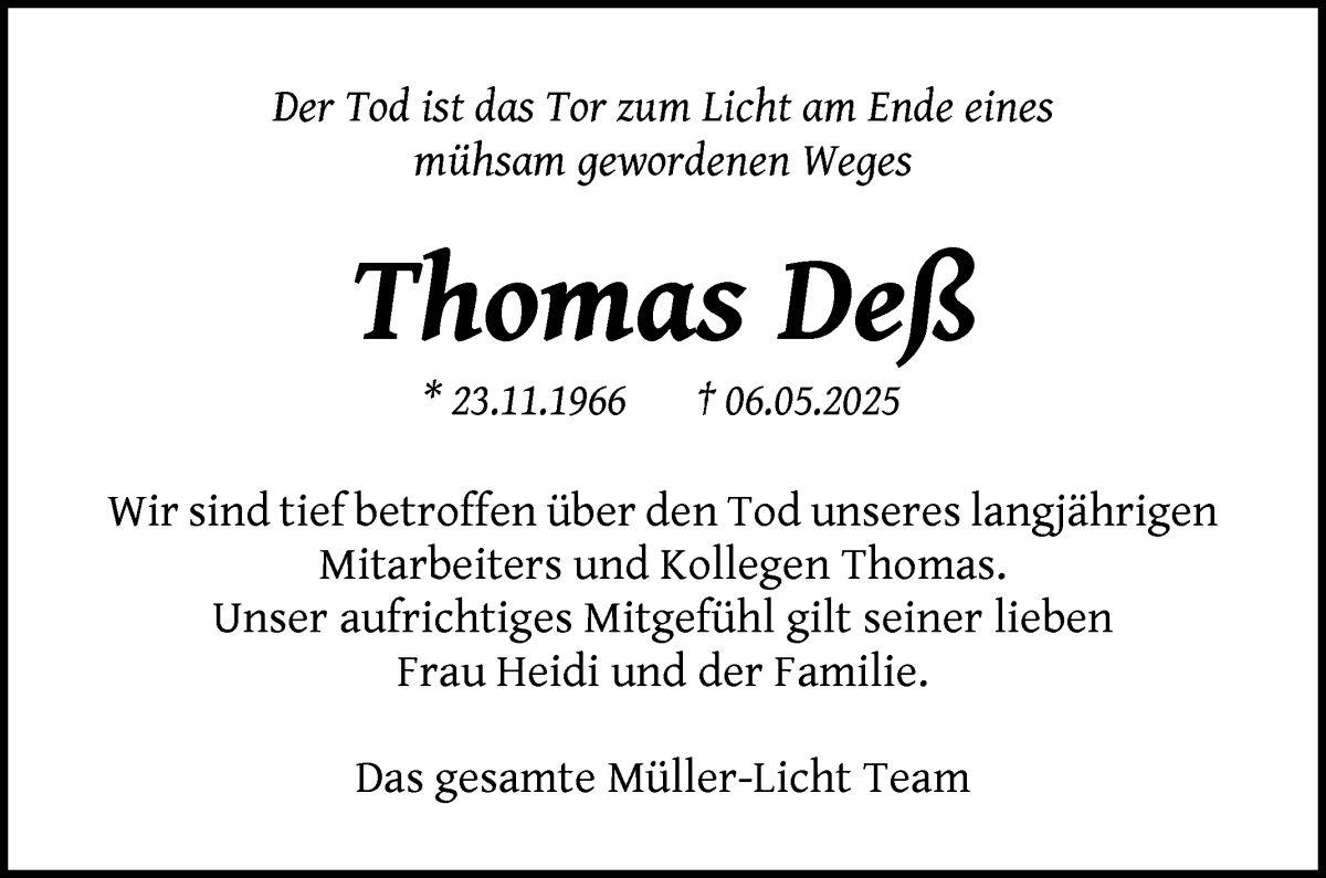 Traueranzeige von Thomas Deß von WESER-KURIER