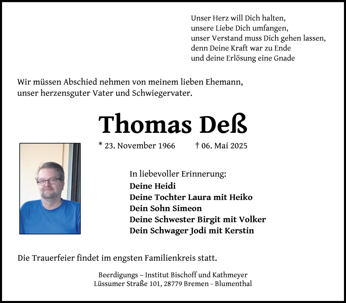 Traueranzeige von Thomas Deß von WESER-KURIER