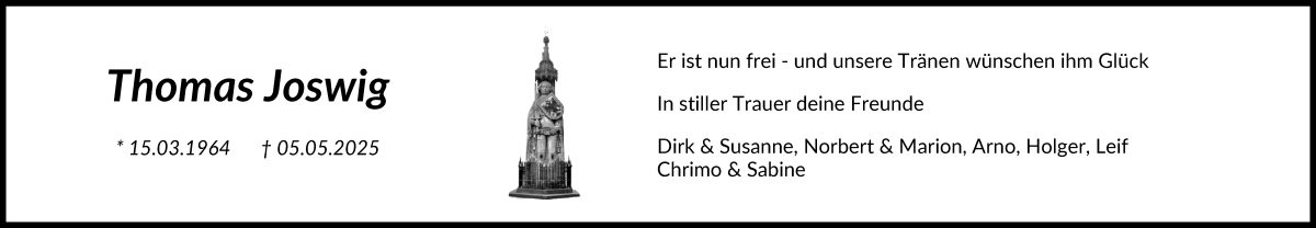Traueranzeige von Thomas Joswig von Regionale Rundschau/Syker Kurier