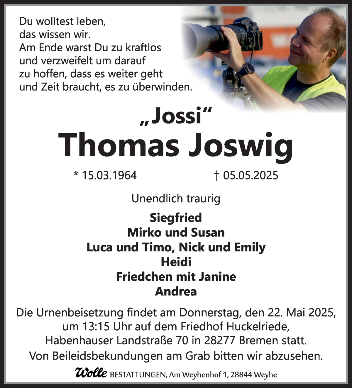 Traueranzeige von Thomas Joswig von WESER-KURIER