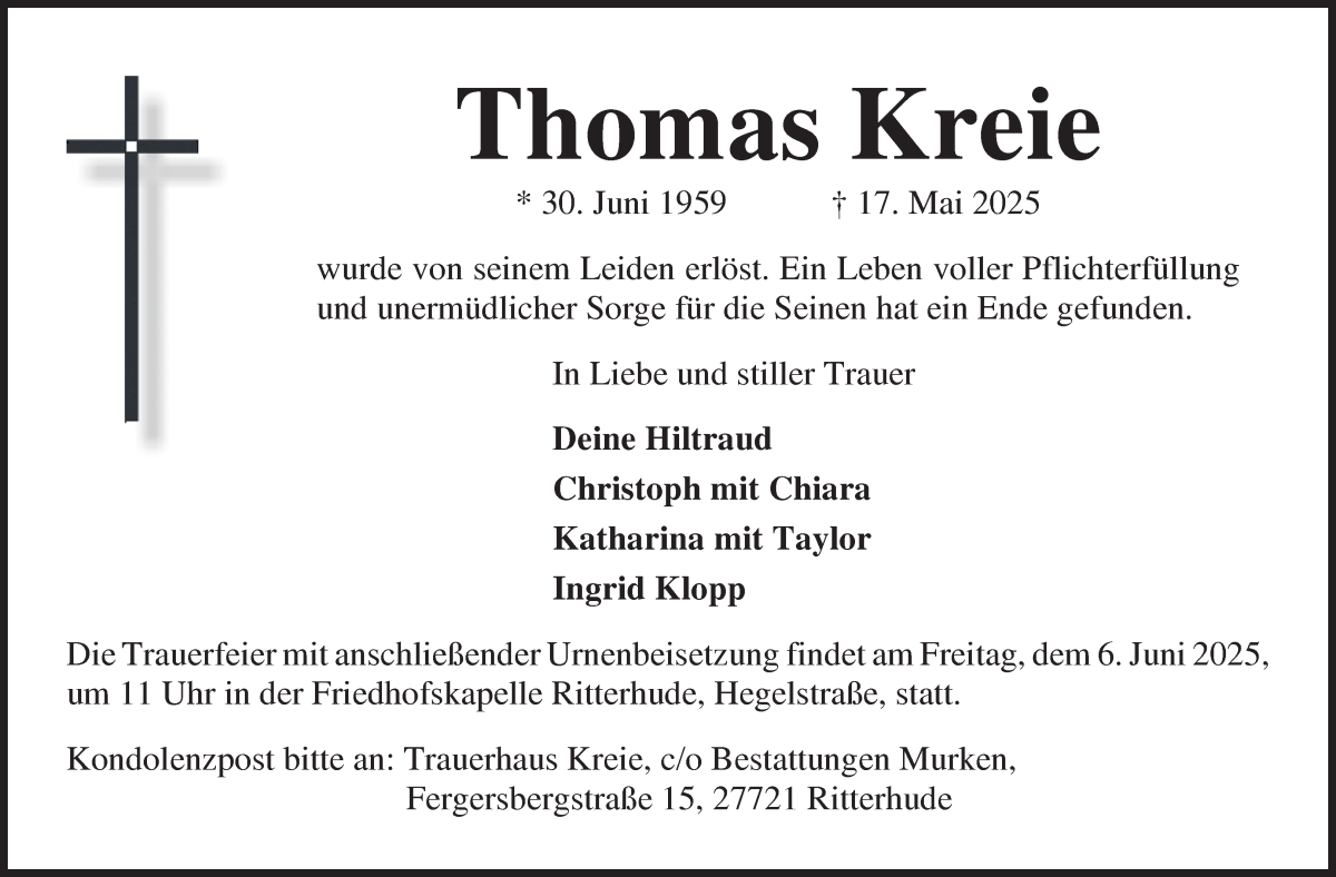 Traueranzeige von Thomas Kreie von Osterholzer Kreisblatt