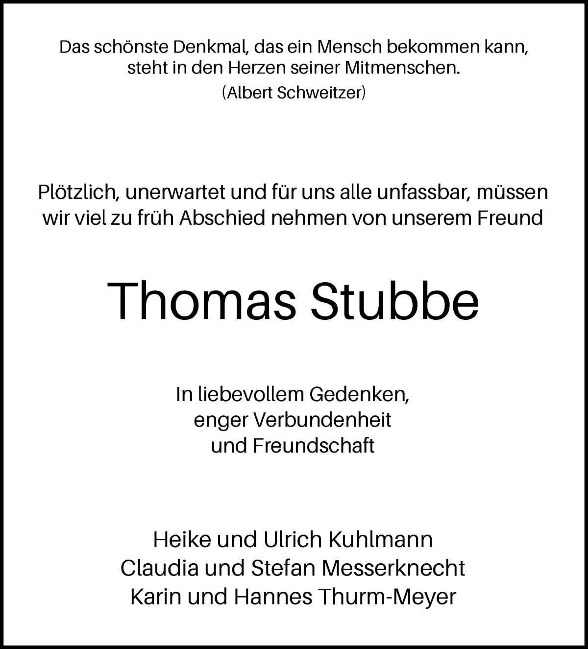Traueranzeige von Thomas Stubbe von WESER-KURIER