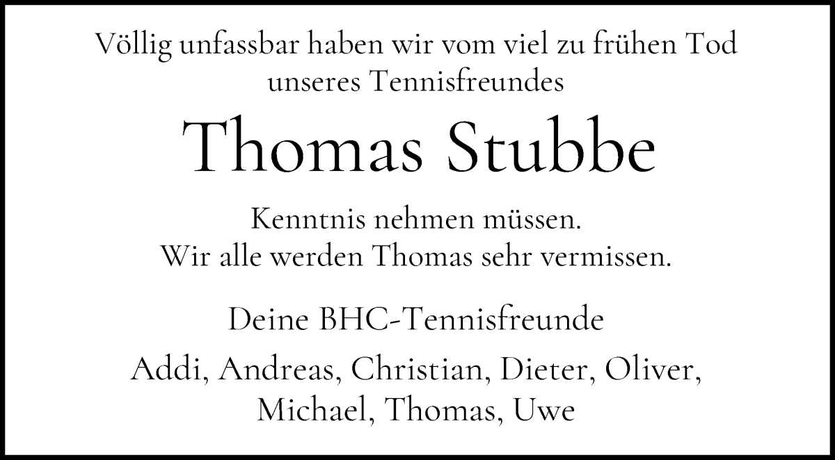 Traueranzeige von Thomas Stubbe von WESER-KURIER