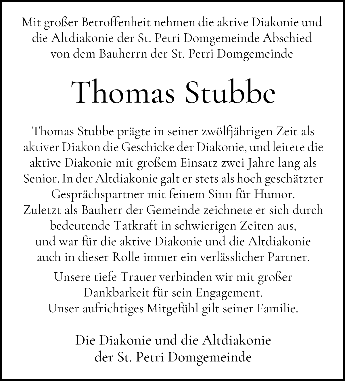 Traueranzeige von Thomas Stubbe von WESER-KURIER