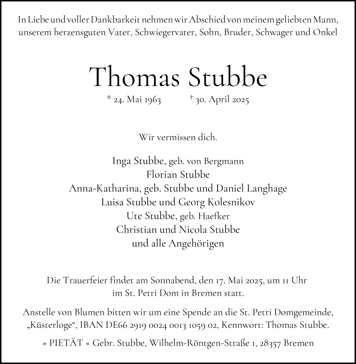 Traueranzeige von Thomas Stubbe von WESER-KURIER