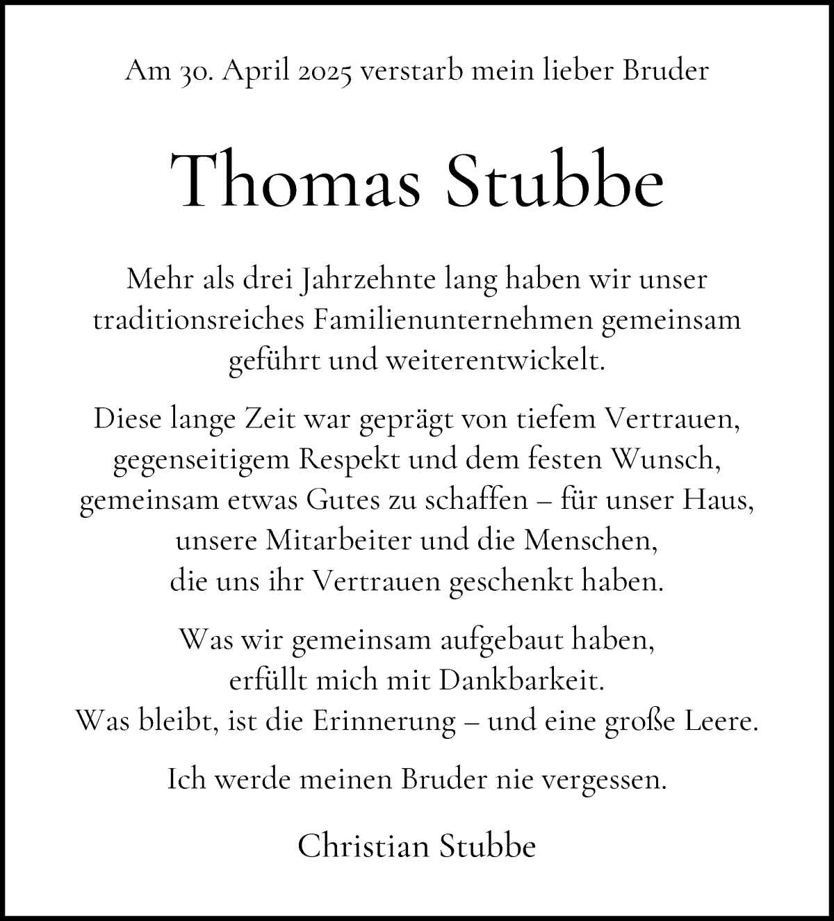 Traueranzeige von Thomas Stubbe von Die Norddeutsche