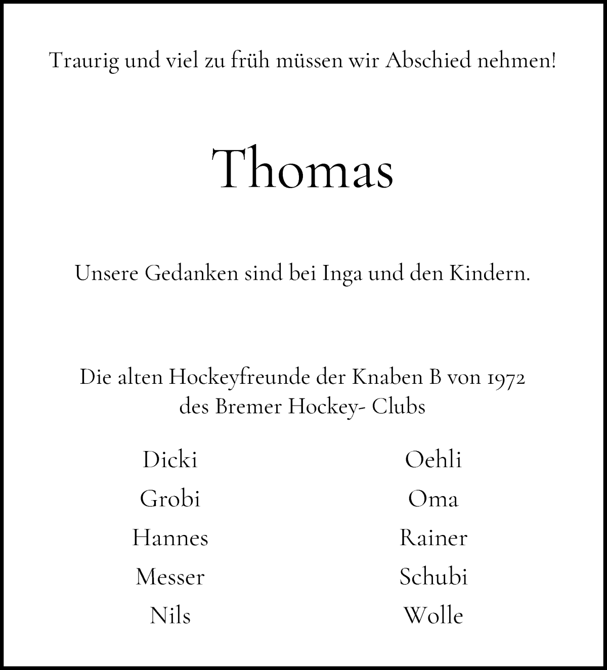 Traueranzeige von Thomas Stubbe von WESER-KURIER