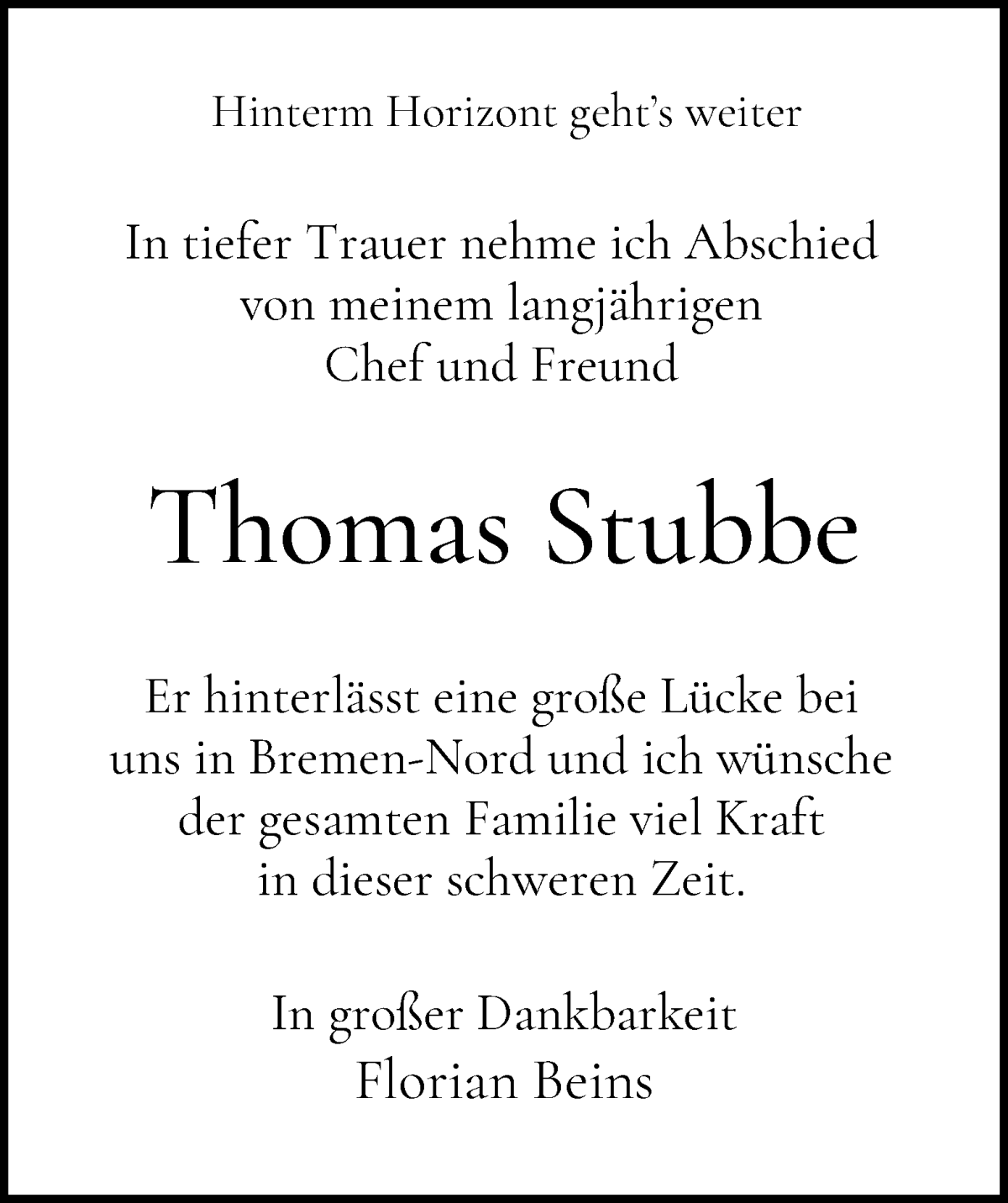 Traueranzeige von Thomas Stubbe von WESER-KURIER
