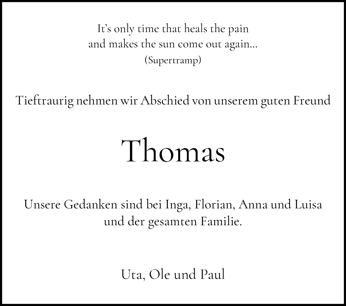 Traueranzeige von Thomas Stubbe von WESER-KURIER