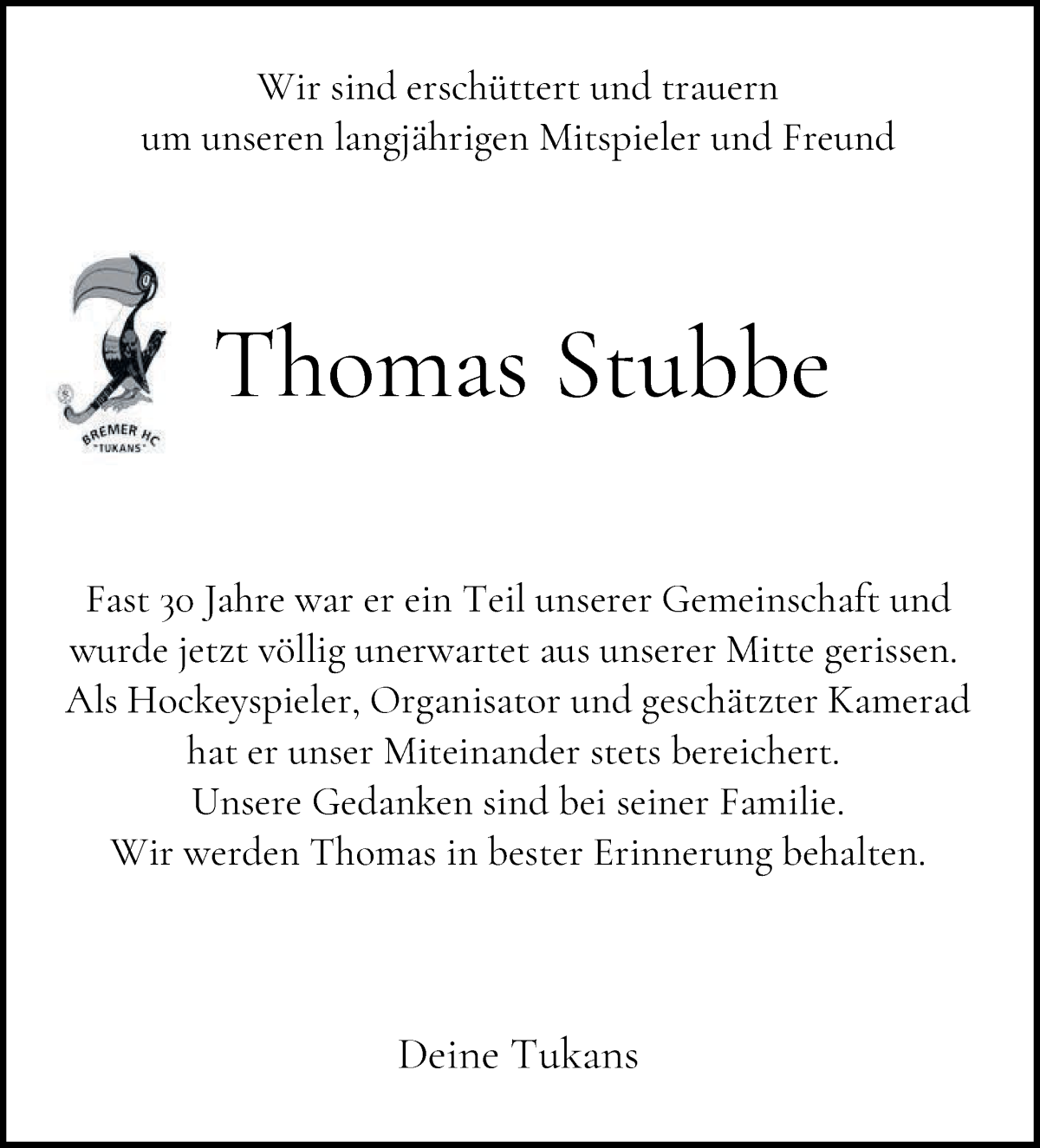 Traueranzeige von Thomas Stubbe von WESER-KURIER