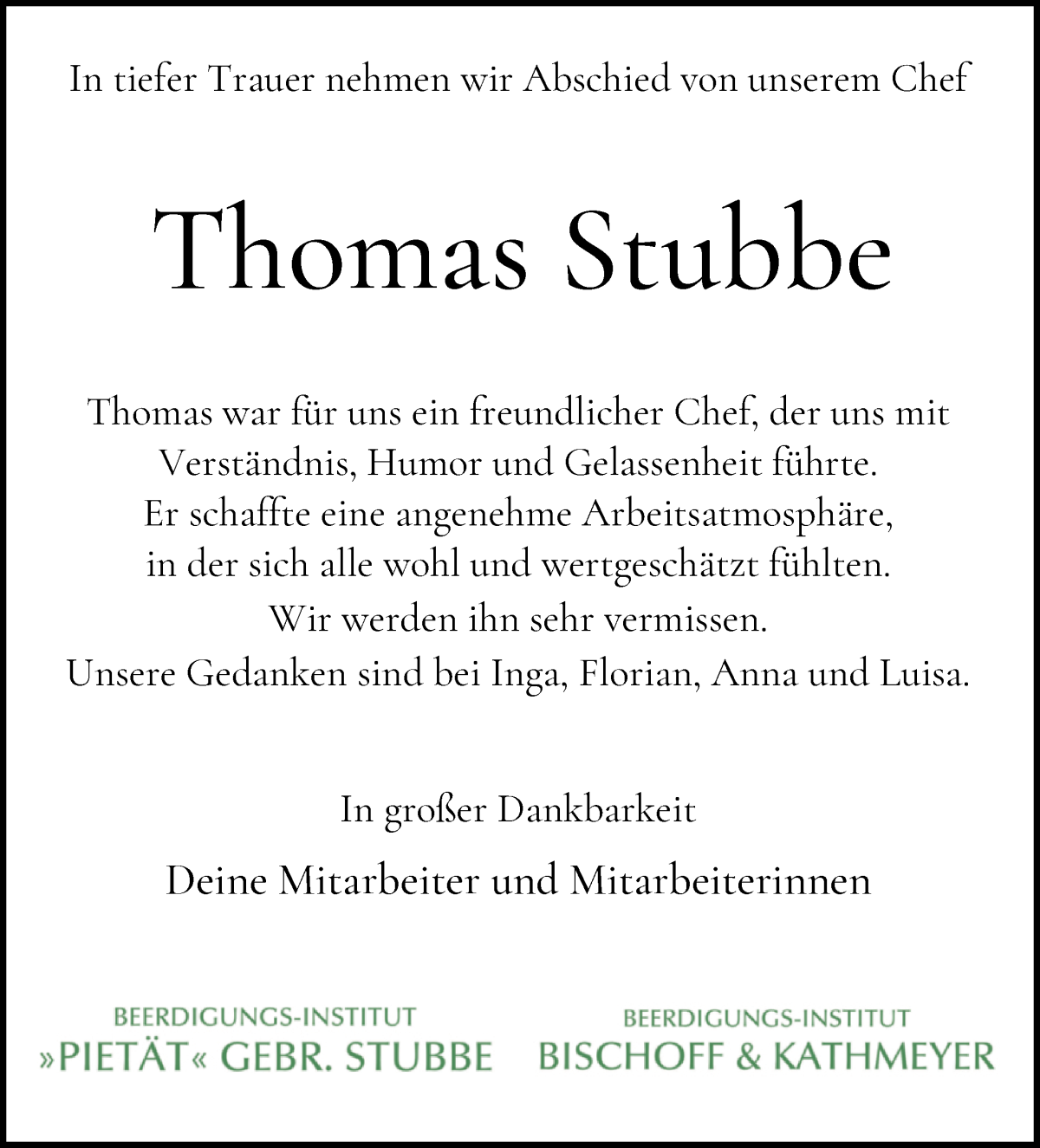 Traueranzeige von Thomas Stubbe von Die Norddeutsche