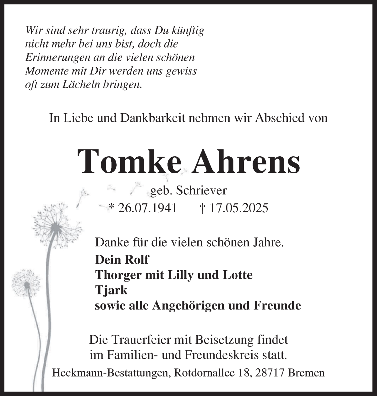 Traueranzeige von Tomke Ahrens von Die Norddeutsche