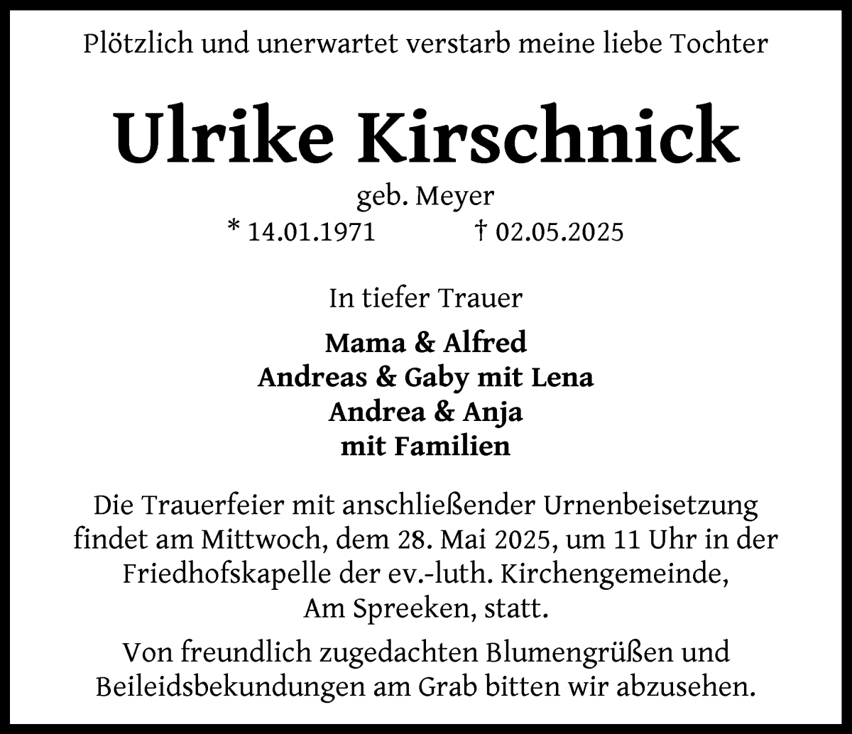 Traueranzeige von Ulrike Kirschnick von WESER-KURIER