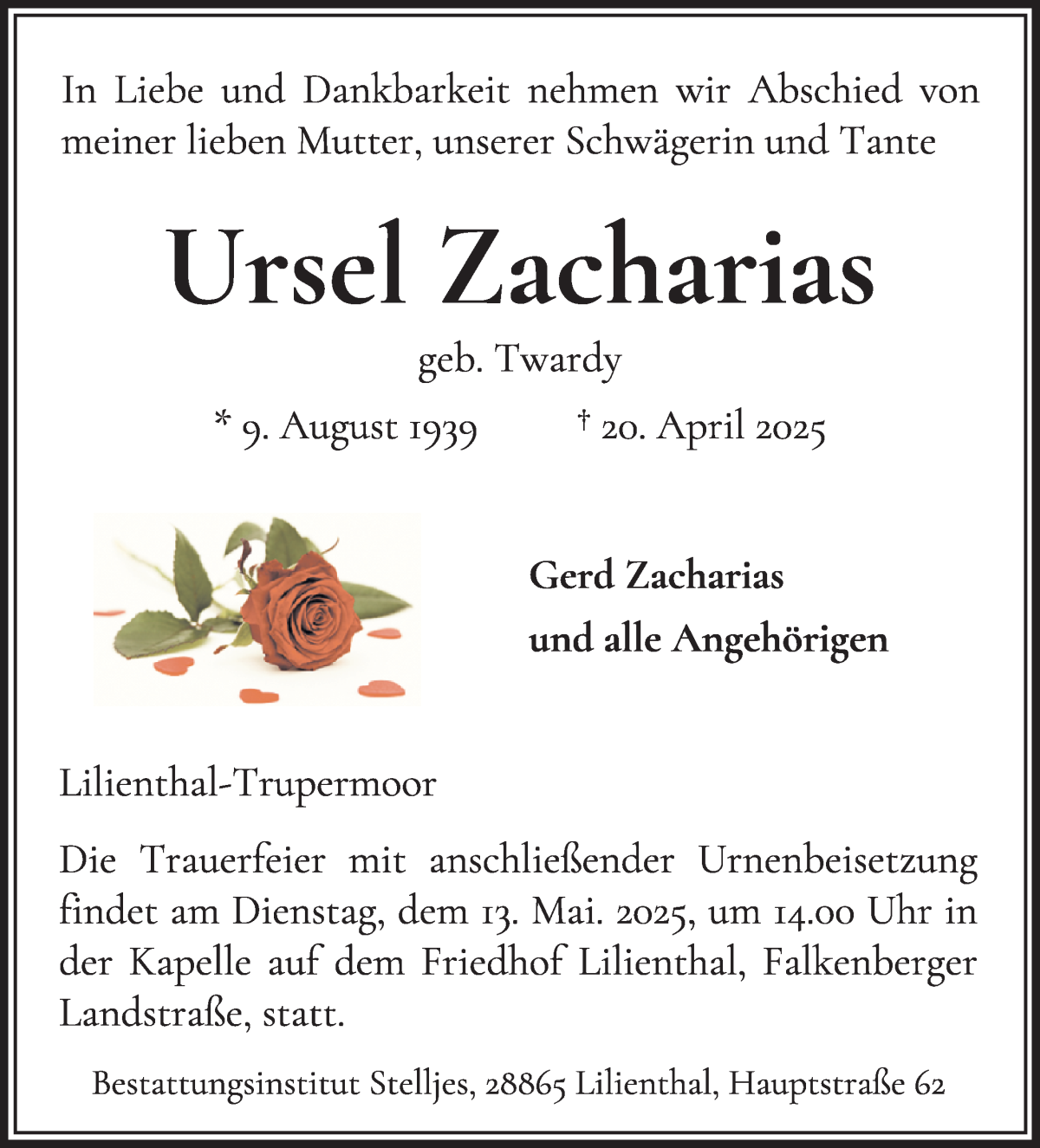Traueranzeige von Ursel Zacharias von Wuemme Zeitung