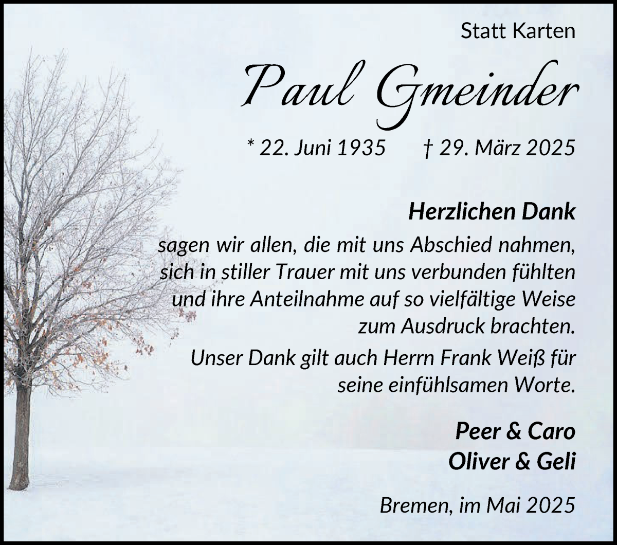 Traueranzeige von Ursula Gmeinder von WESER-KURIER