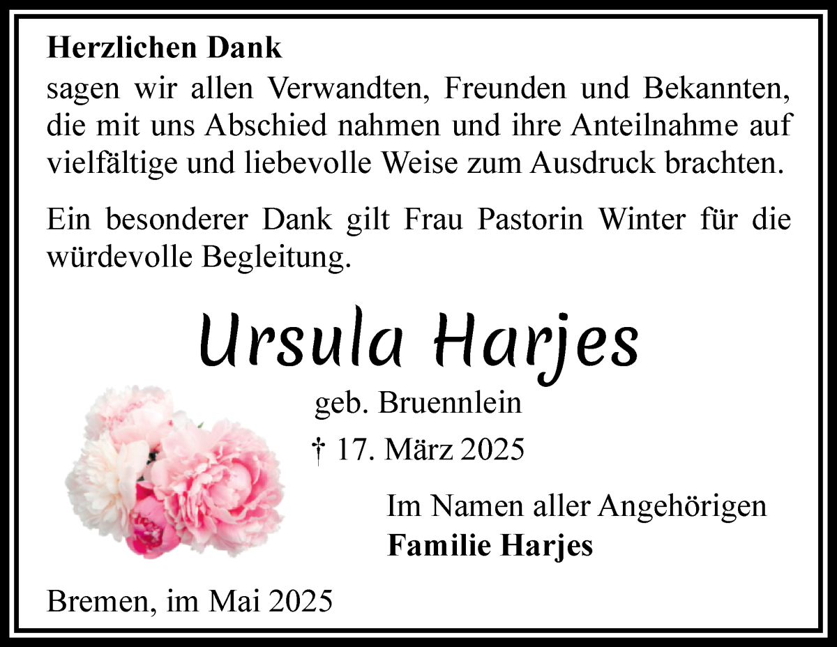 Traueranzeige von Ursula Harjes von WESER-KURIER