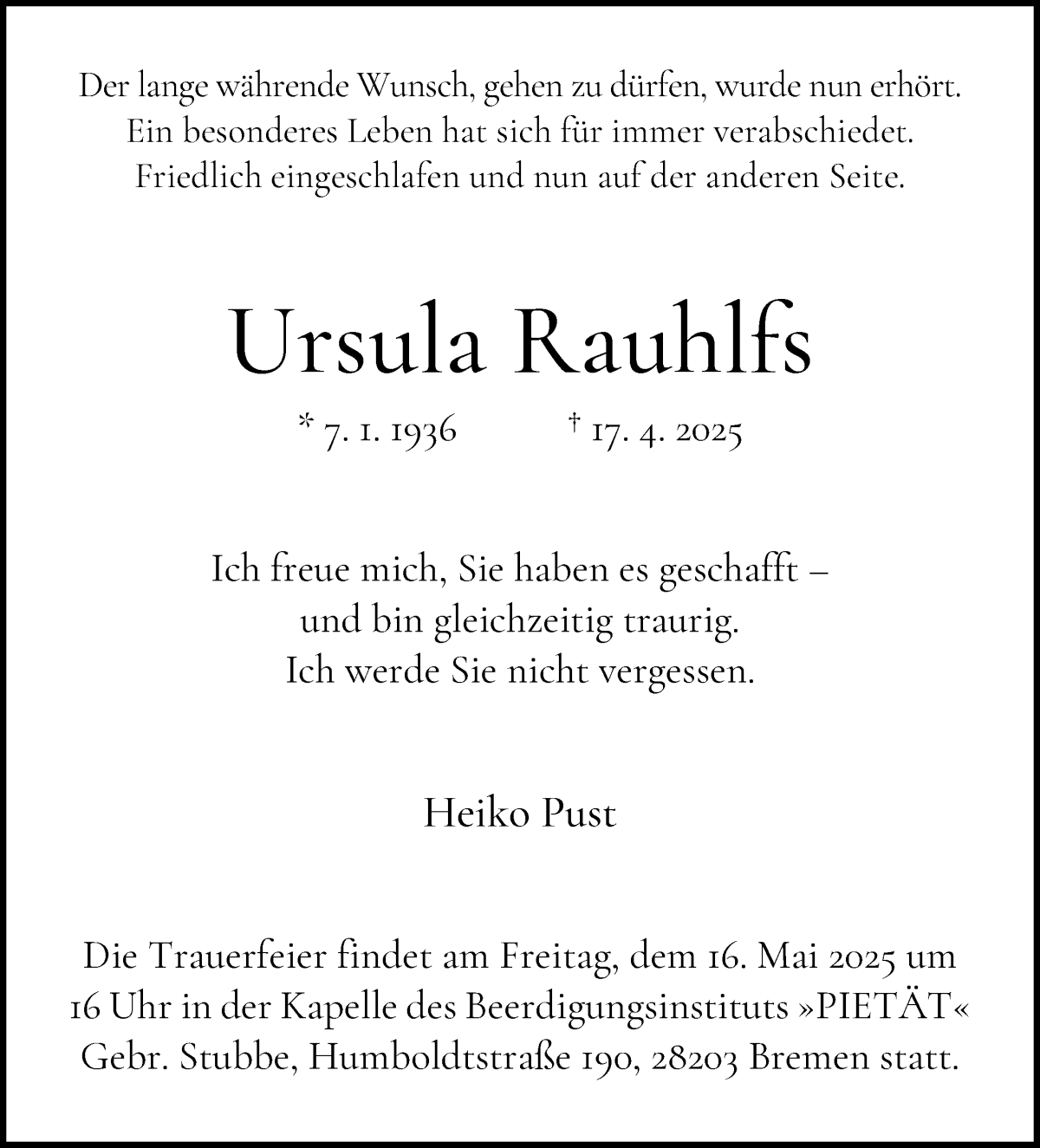 Traueranzeige von Ursula Rauhlfs von WESER-KURIER