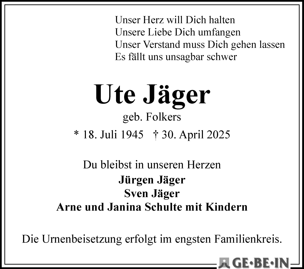 Traueranzeige von Ute  Jäger von WESER-KURIER