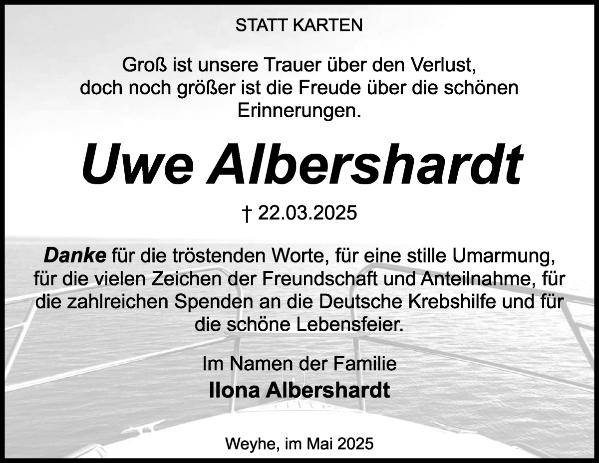 Traueranzeige von Uwe Albershardt von WESER-KURIER