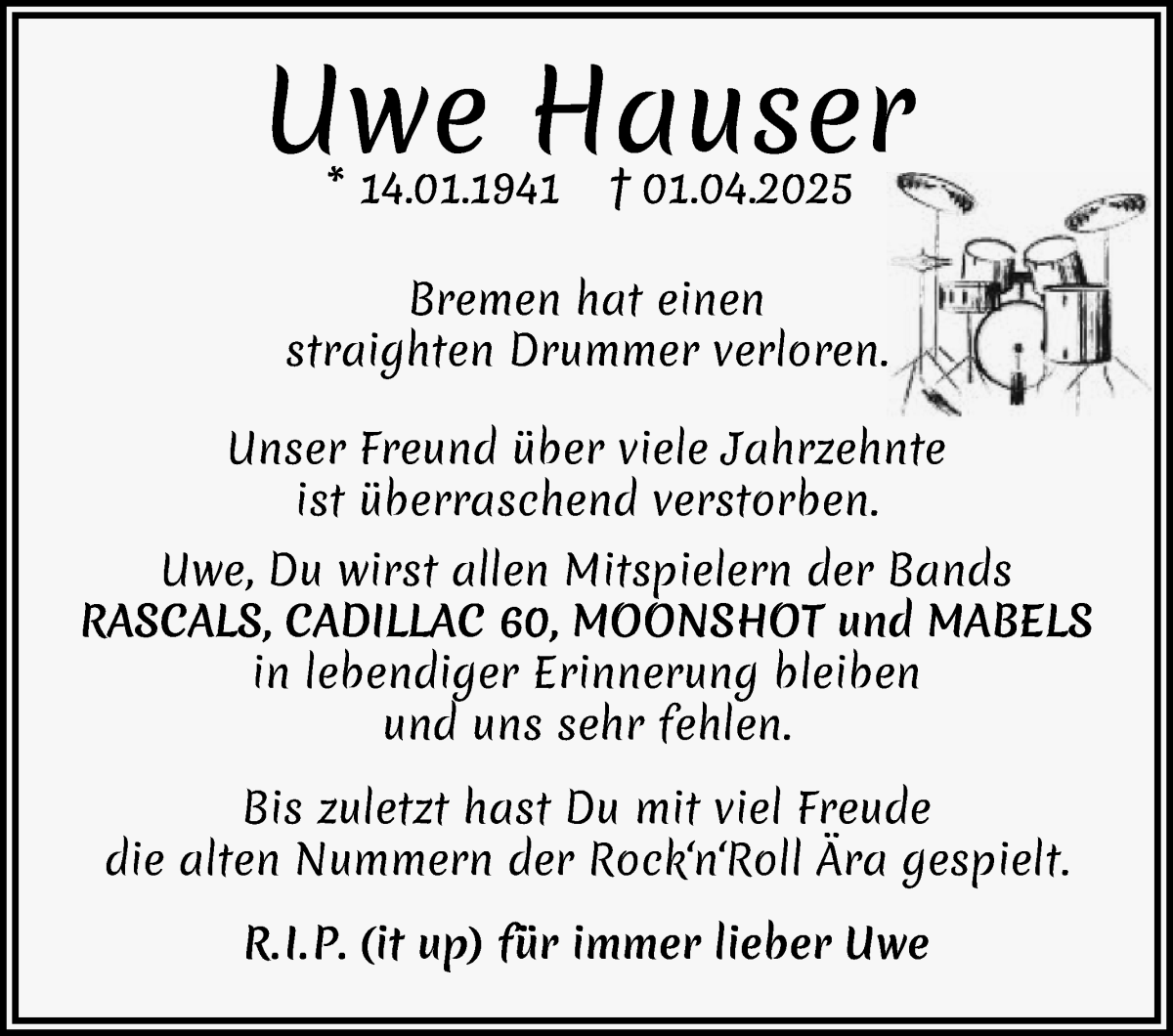 Traueranzeige von Uwe Hauser von WESER-KURIER