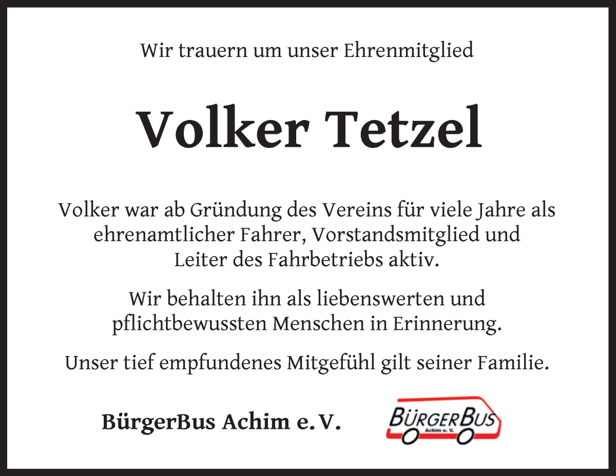 Traueranzeige von Volker Tetzel von WESER-KURIER