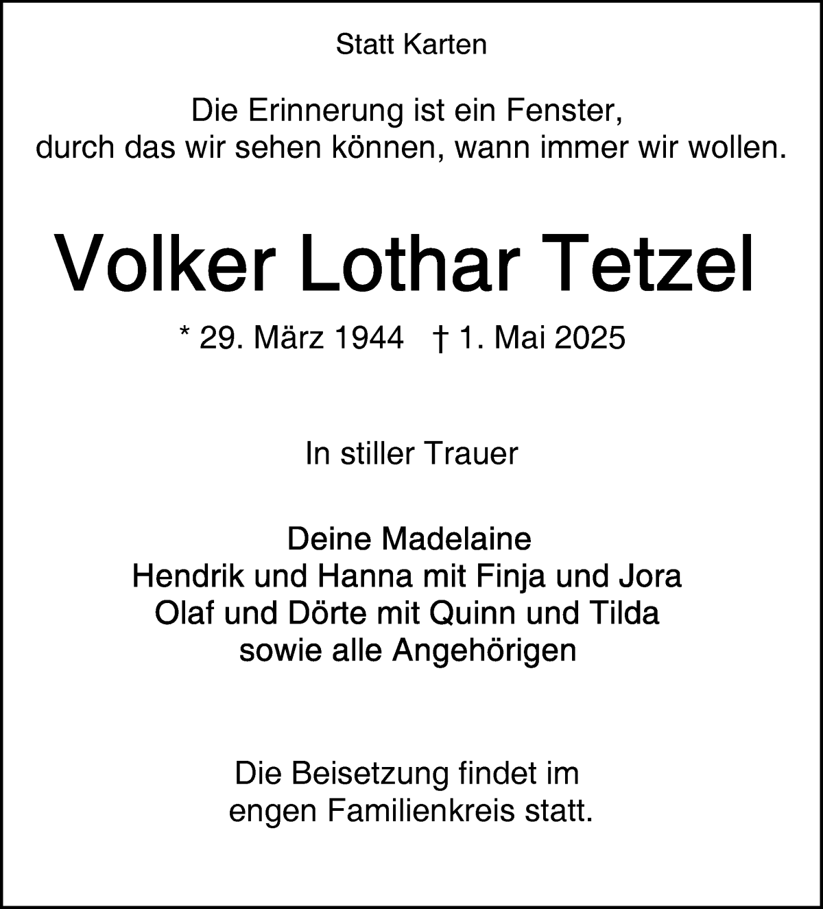 Traueranzeige von Volker Lothar Tetzel von WESER-KURIER