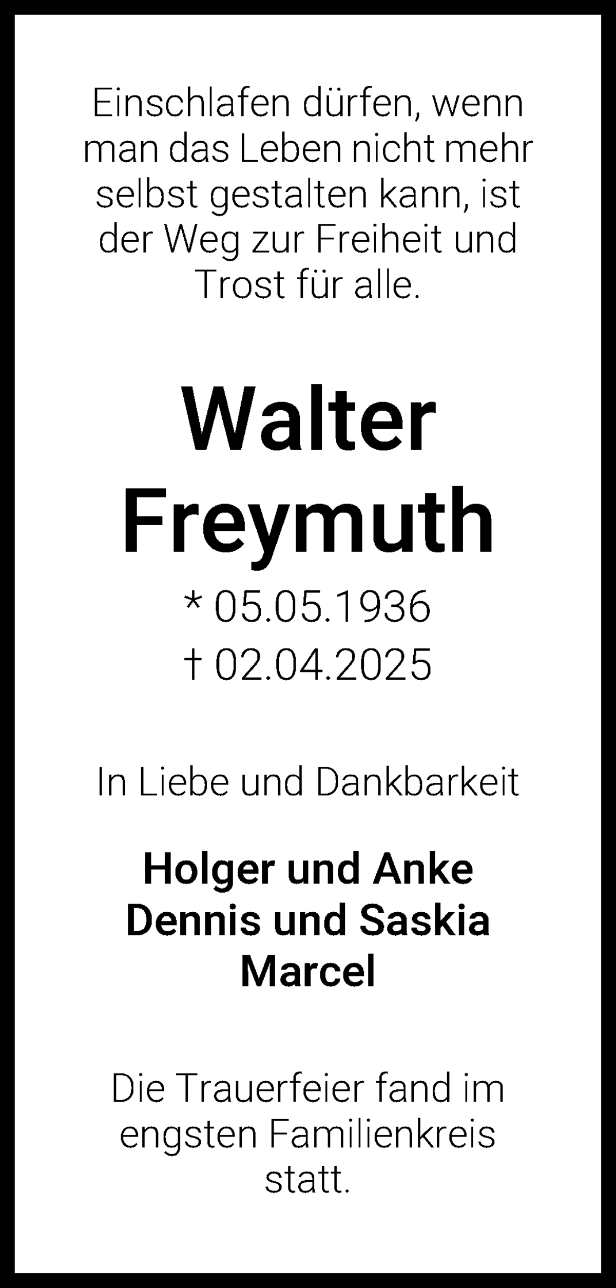 Traueranzeige von Walter Freymuth von WESER-KURIER