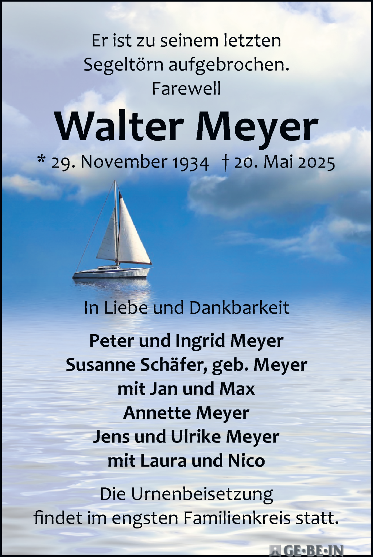 Traueranzeige von Walter Meyer von WESER-KURIER