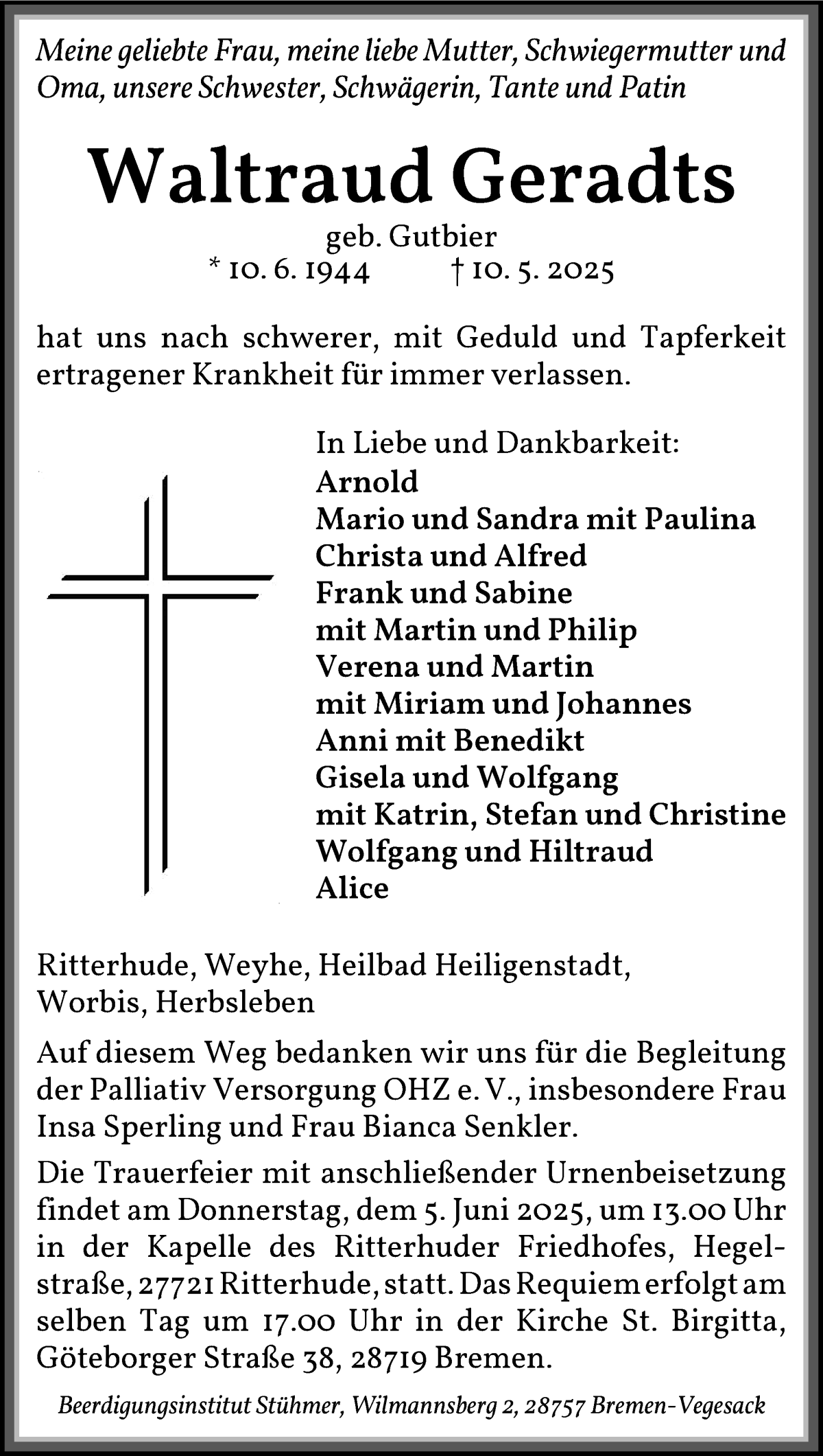 Traueranzeige von Waltraud Geradts von Osterholzer Kreisblatt