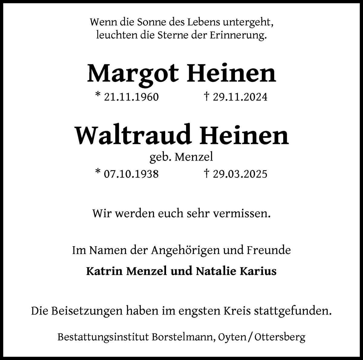 Traueranzeige von Waltraud und Margot Heinen von WESER-KURIER