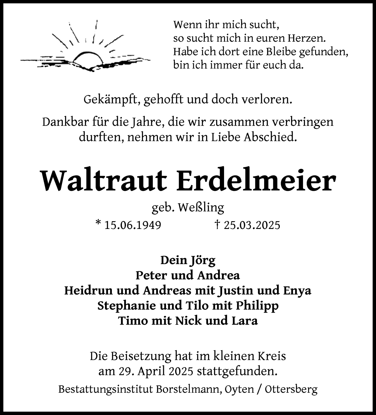 Traueranzeige von Waltraut Erdelmeier von Achimer Kurier/Verdener Nachrichten