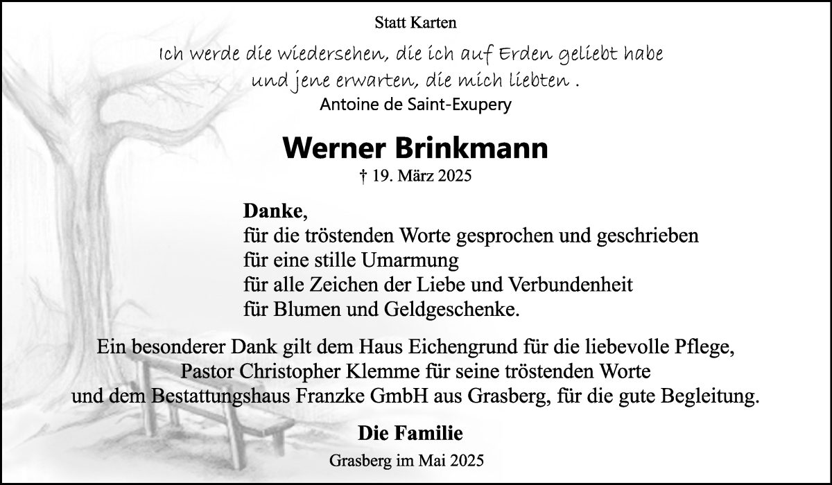 Traueranzeige von Werner Brinkmann von Wuemme Zeitung
