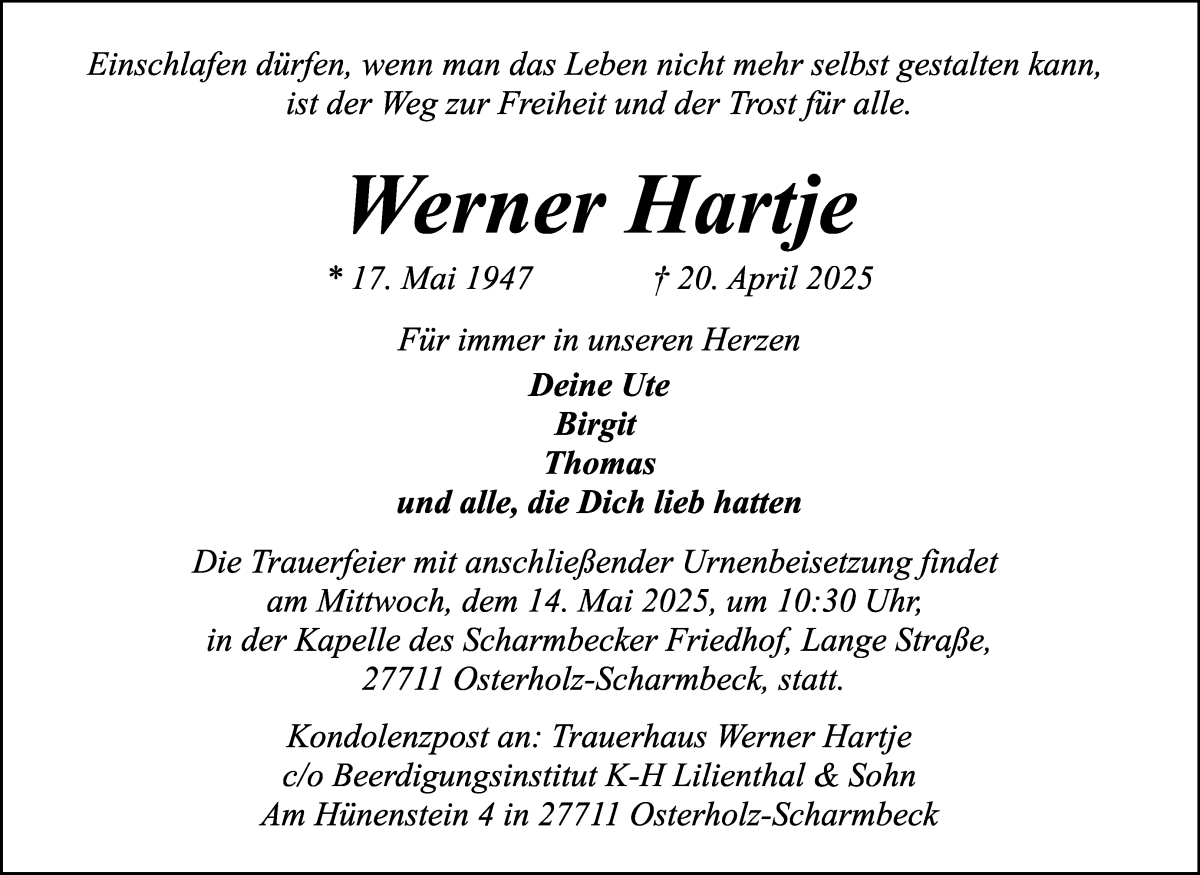 Traueranzeige von Werner Hartje von Osterholzer Kreisblatt