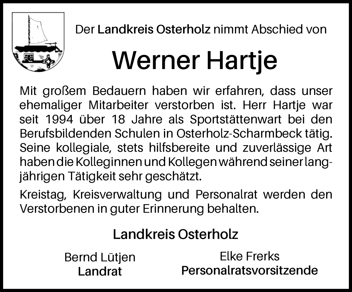 Traueranzeige von Werner Hartje von Osterholzer Kreisblatt
