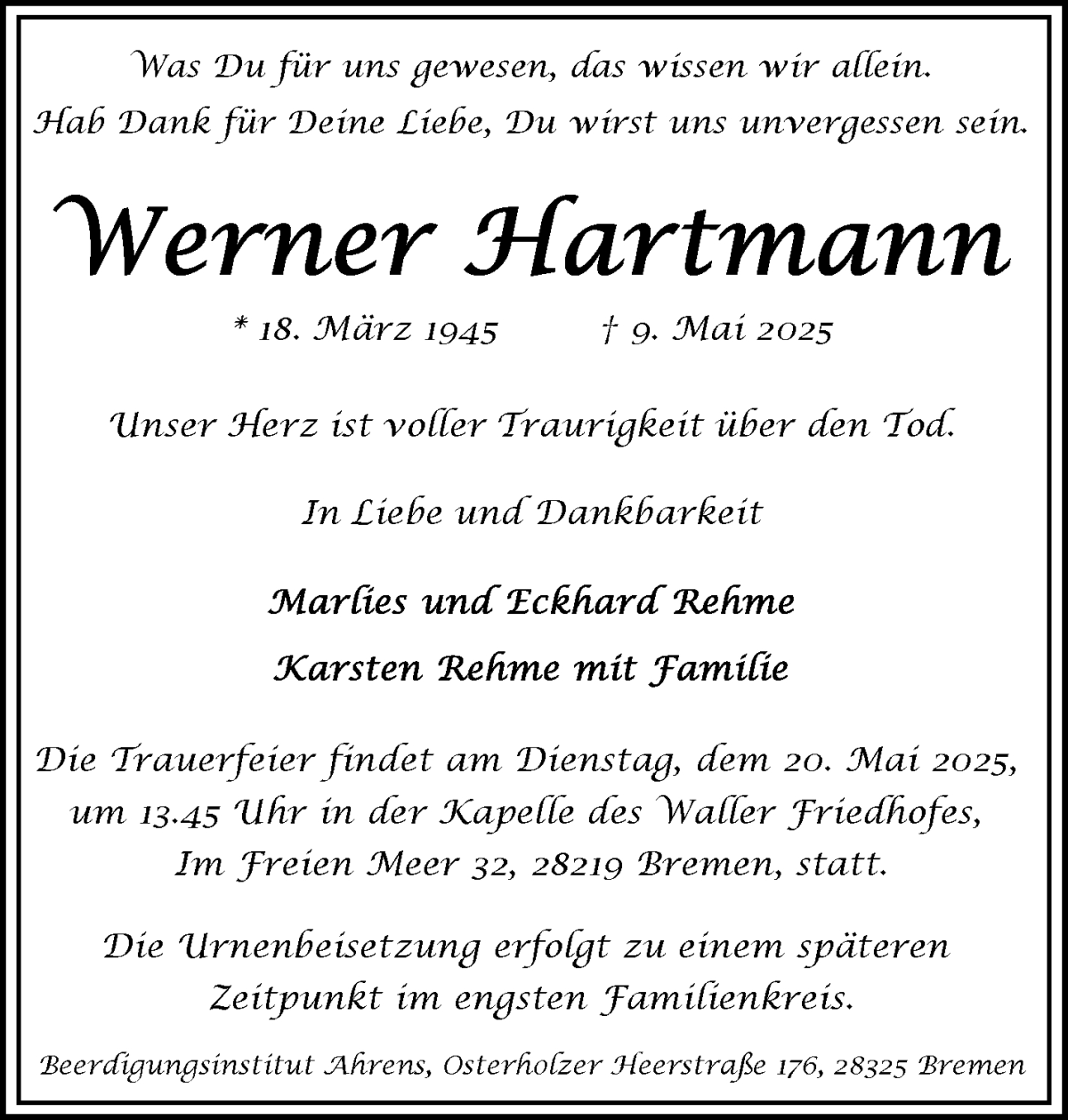 Traueranzeige von Werner Hartmann von WESER-KURIER