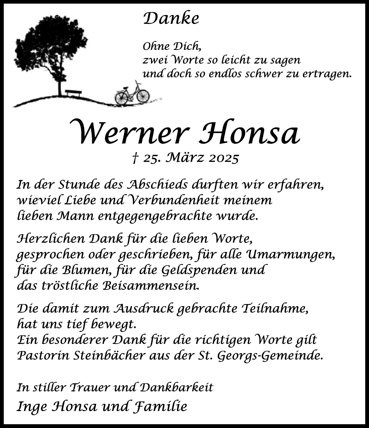 Traueranzeige von Werner Honsa von WESER-KURIER