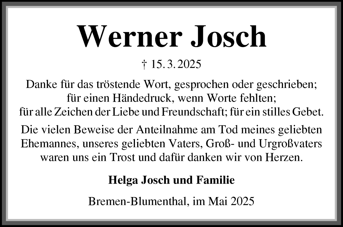 Traueranzeige von Werner Josch von Die Norddeutsche